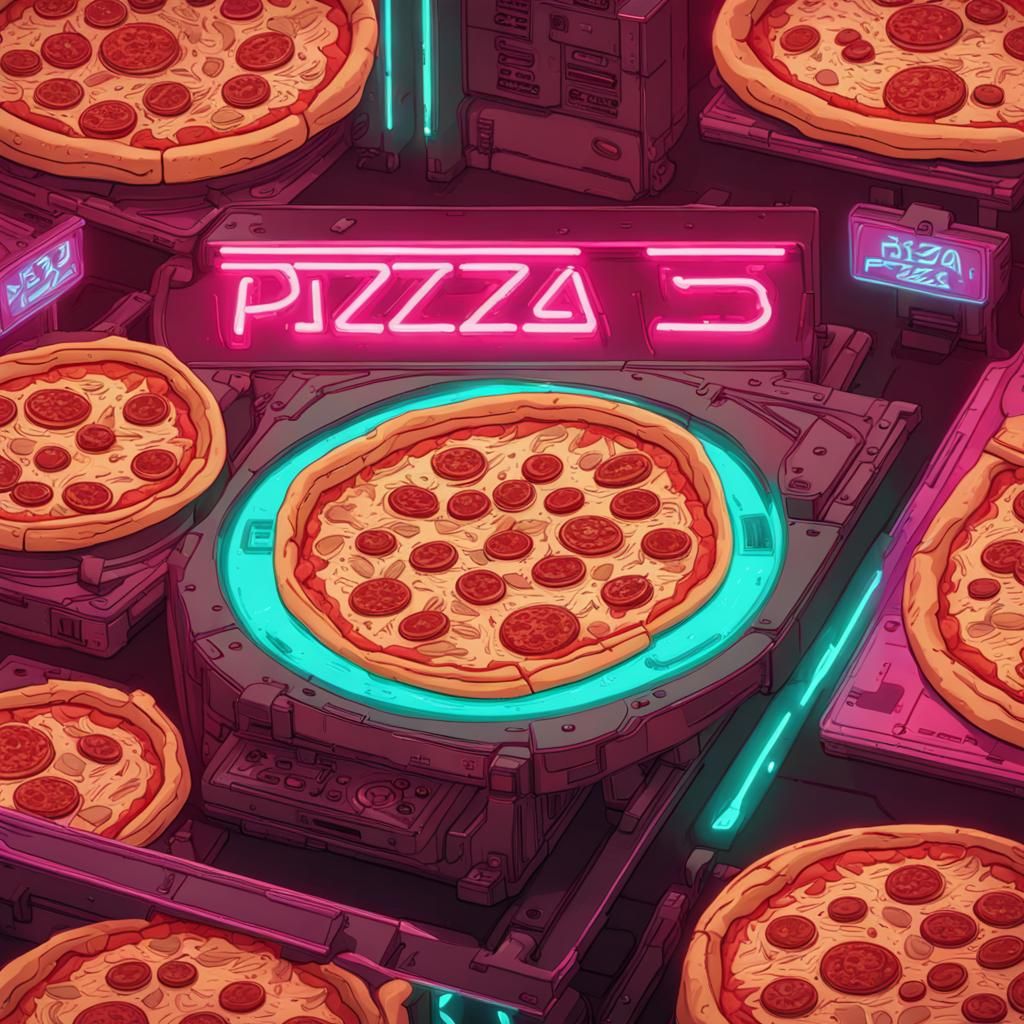Cyberpunk Robotic Pizza in Neon Cityscape