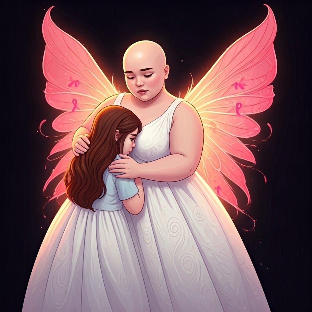 Woman with Ribbon Wings Comforting Girl