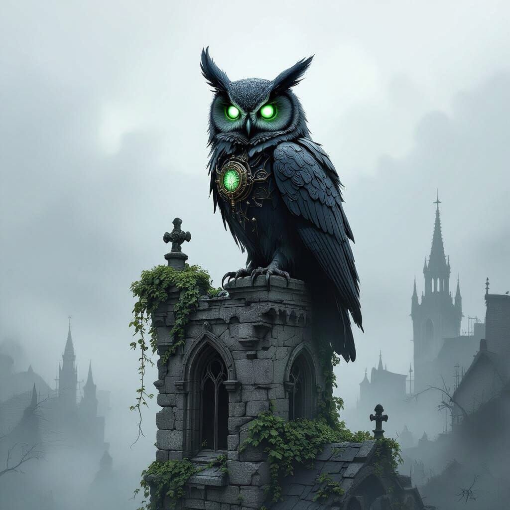Clockwork Owl on Gothic Tower in Dark Fantasy Style