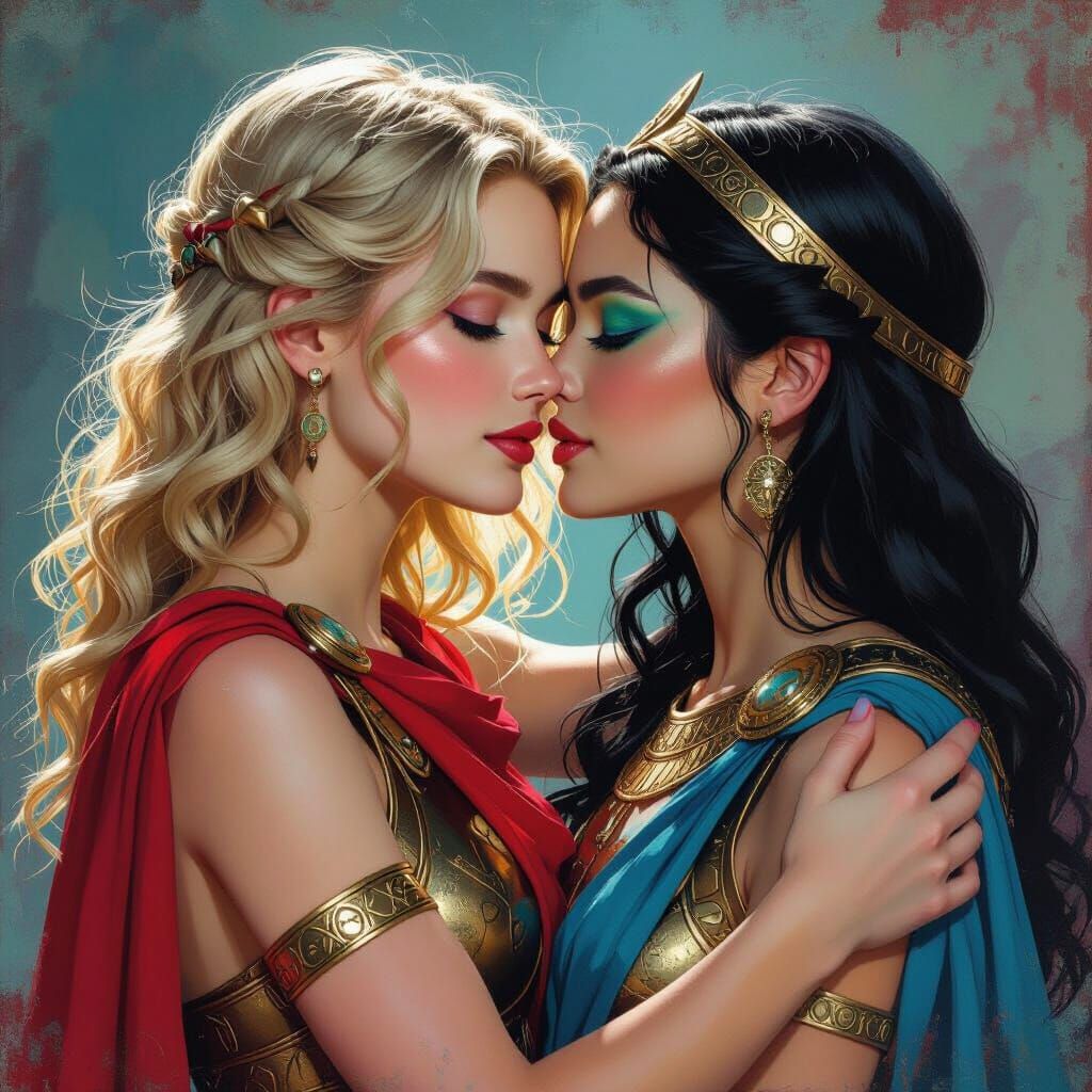 Ancient Greek Warrior Princesses Embrace in Vibrant Graffiti...