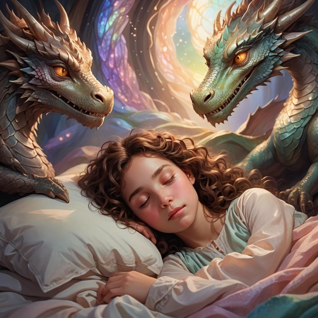 Dreamy Dragons Guarding Sleeping Child: 3D Render
