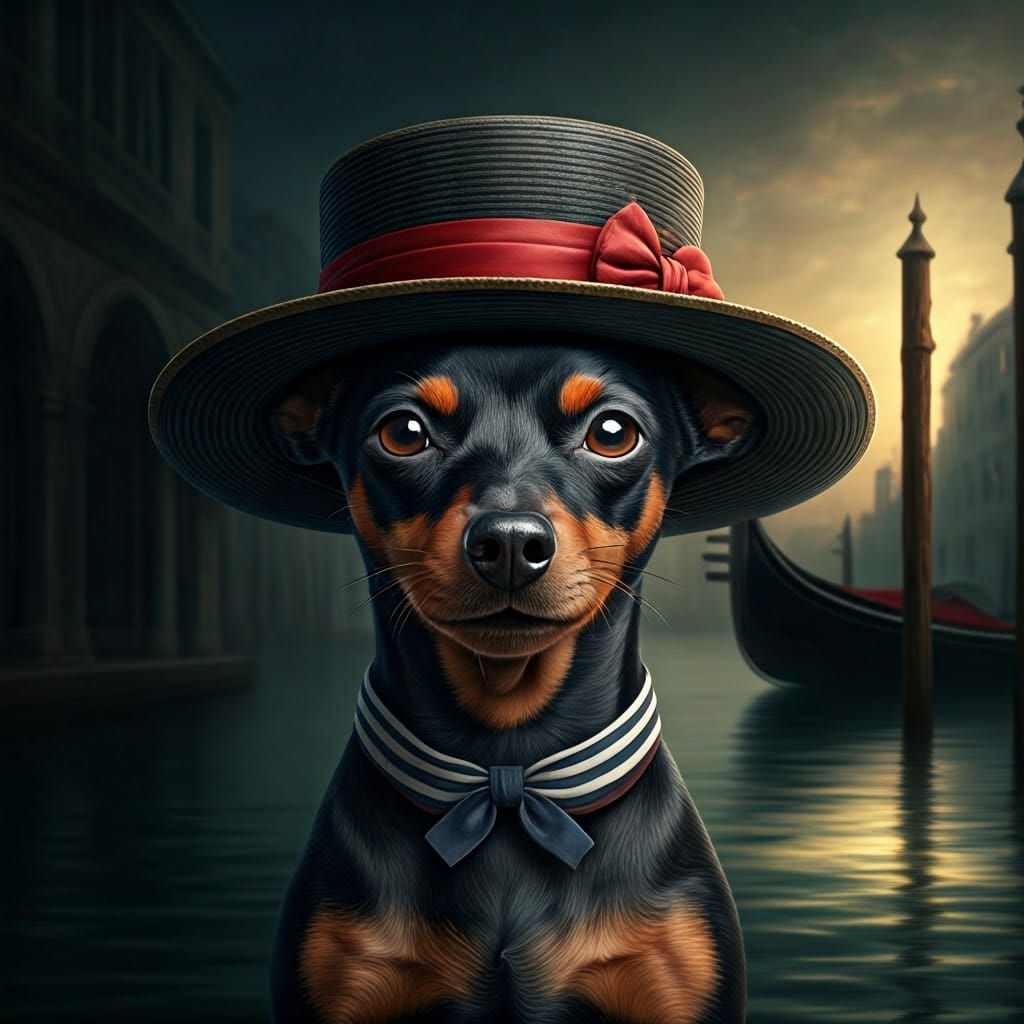 Pinscher Dog as Venetian Gondolier, Hyperrealistic
