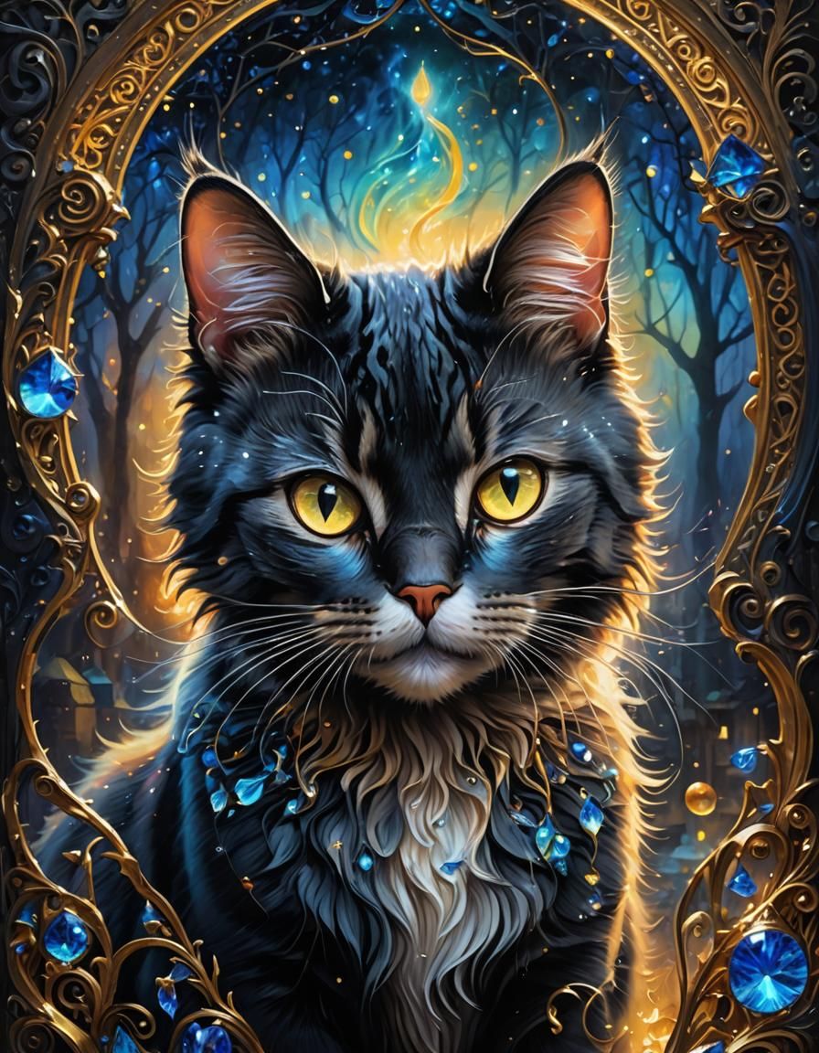 Mystic Cat with Glowing Eyes in Detailed Matte Painting