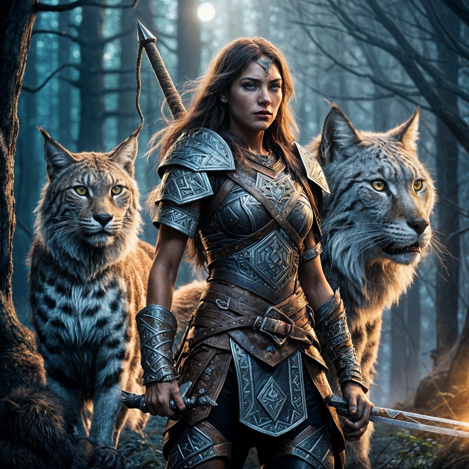 Fierce Female Warrior and Lynx in Enchanted Forest