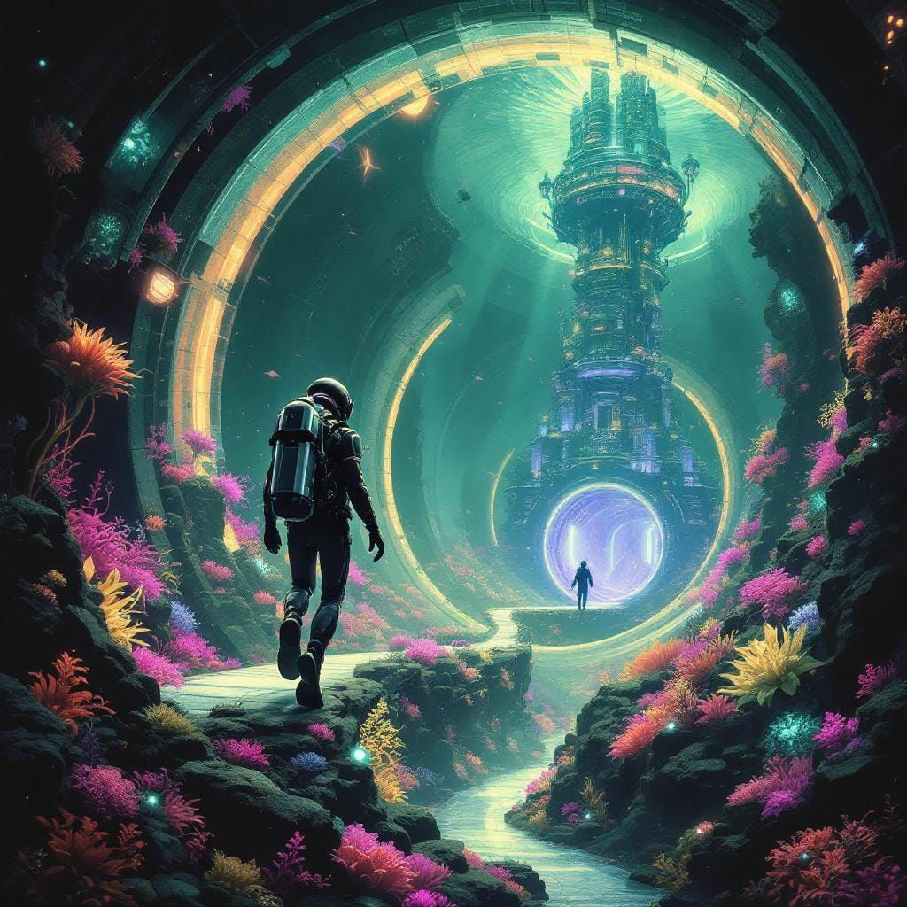 Futuristic Underwater City with Bioluminescent Flora