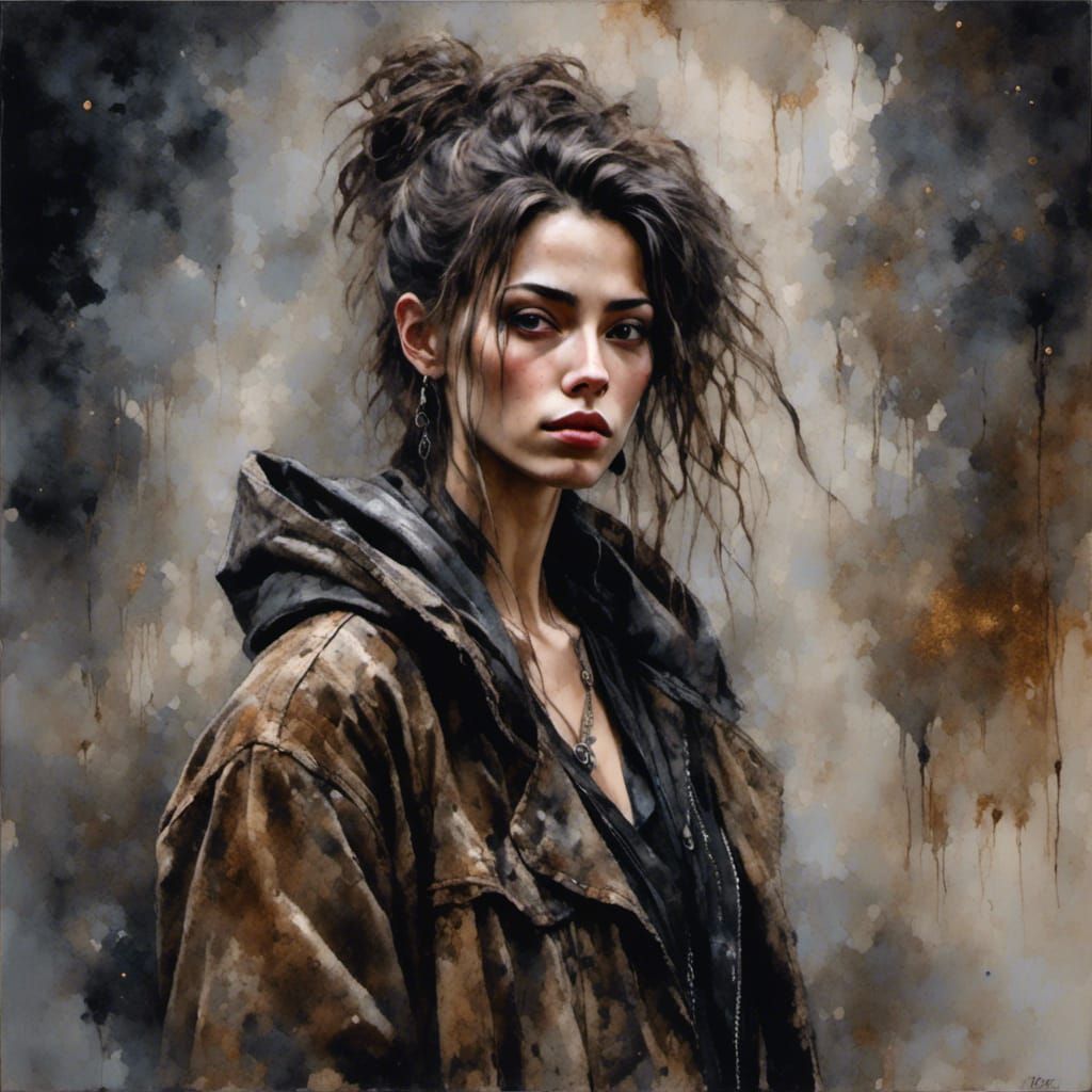 Scruffy Woman in Abandoned Place as Watercolor