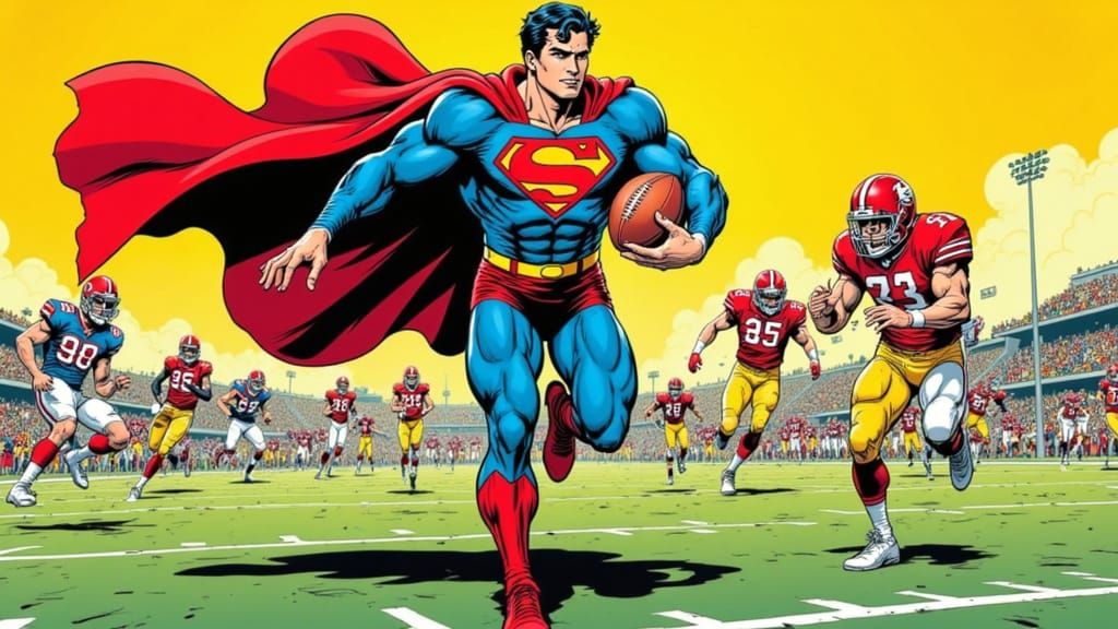 Superman carrying the football and running through the defensive line at the 40 yard line.