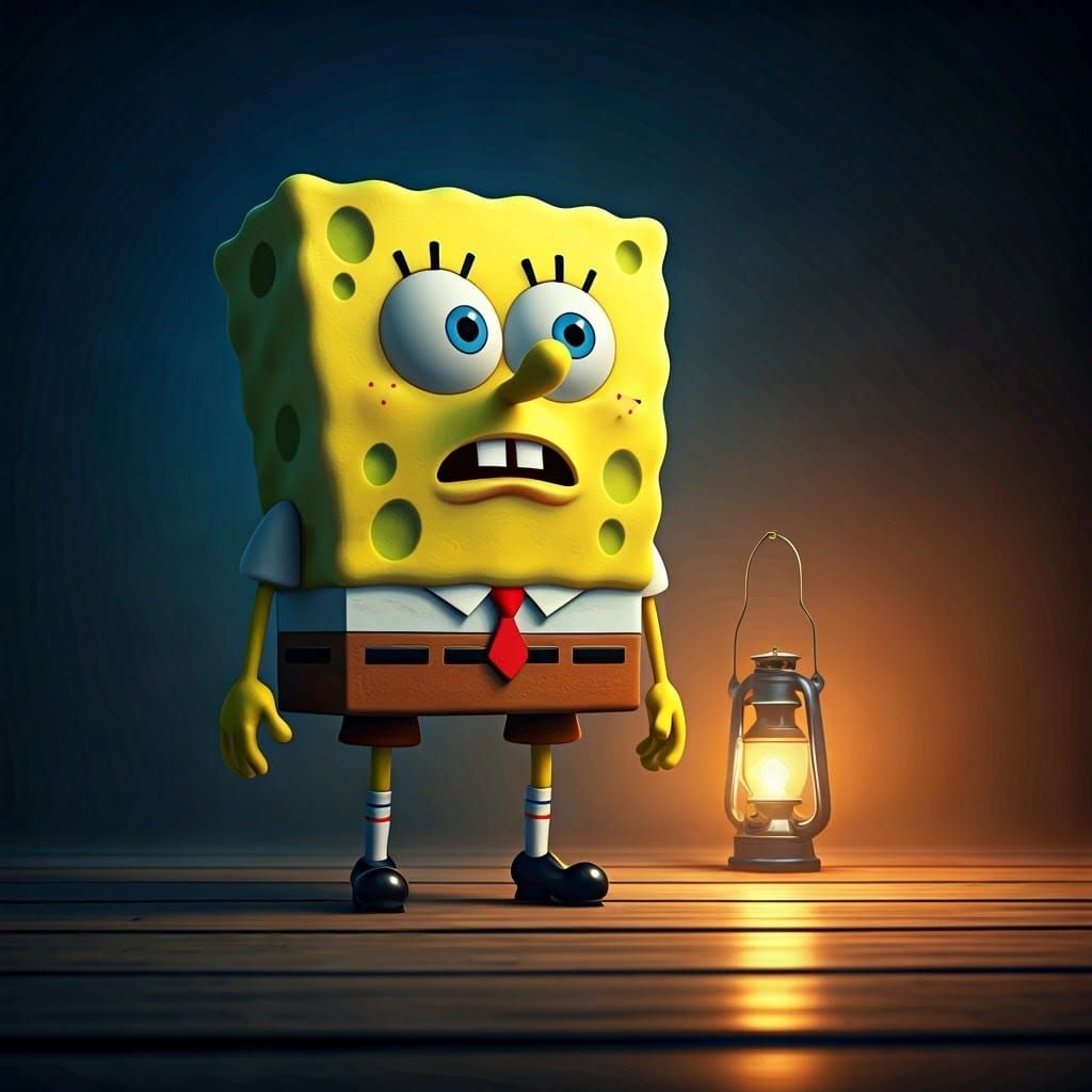 SpongeBob Scared in Dark Room, 3D Digital Art