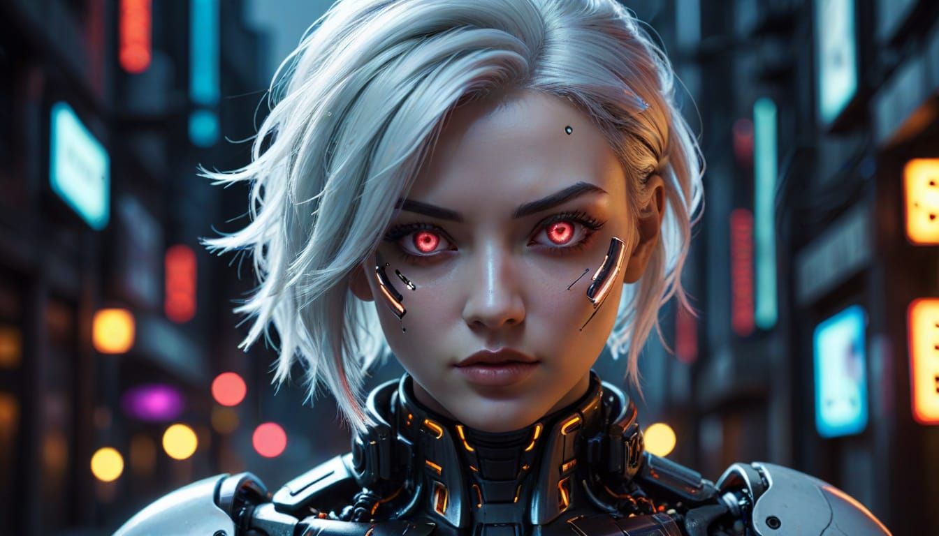 Cyberpunk Android Portrait with Neon Lights