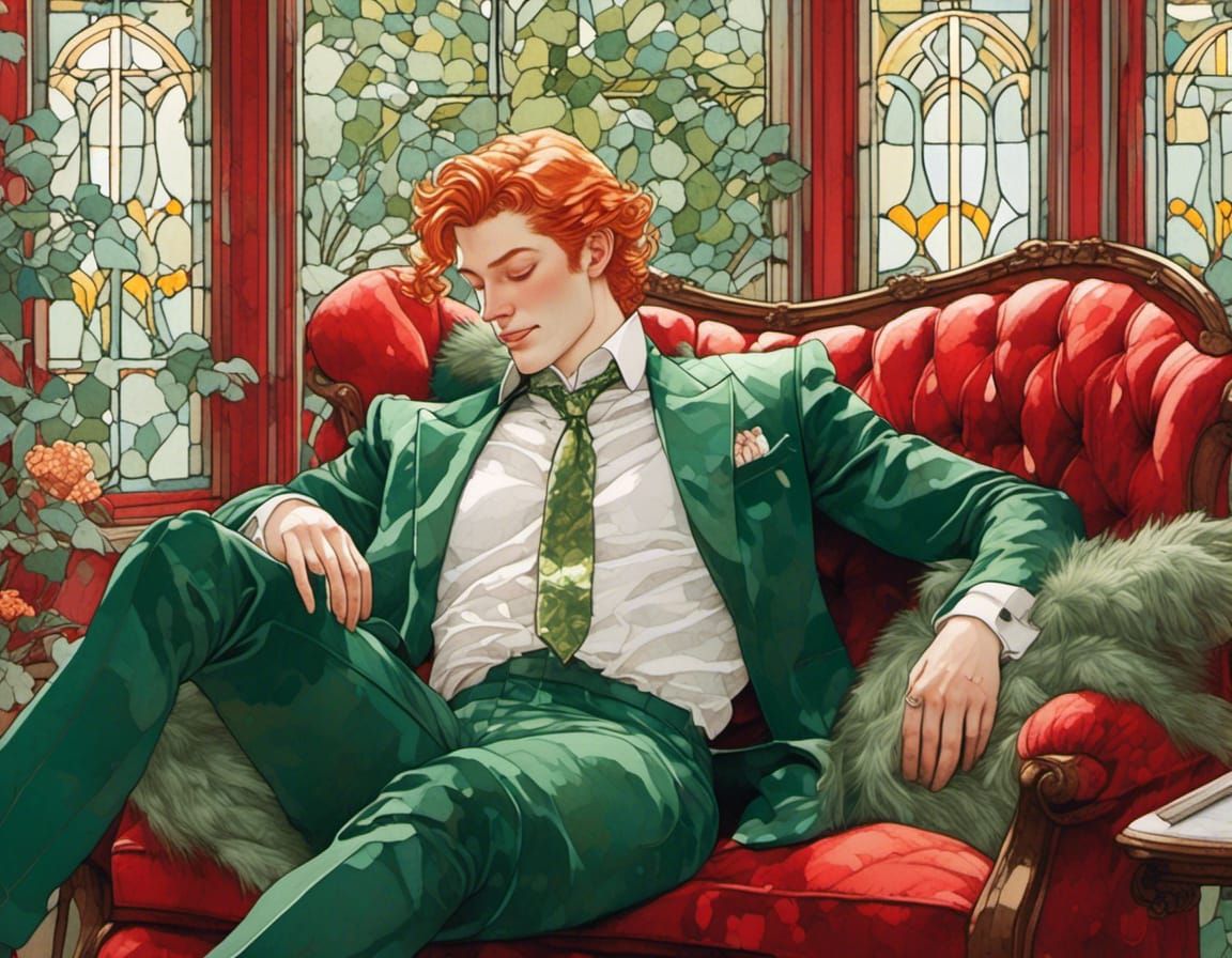 Painting of a young man with ginger hair wearing a green sui...