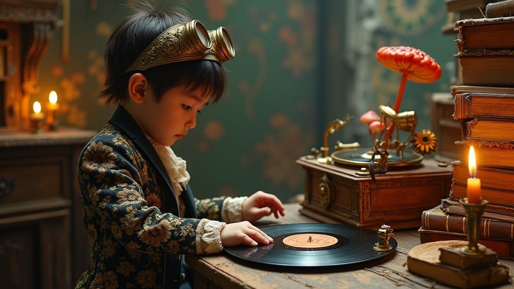 Steampunk Boy Enchants Vinyl Gramophone in Cozy Antique Shop