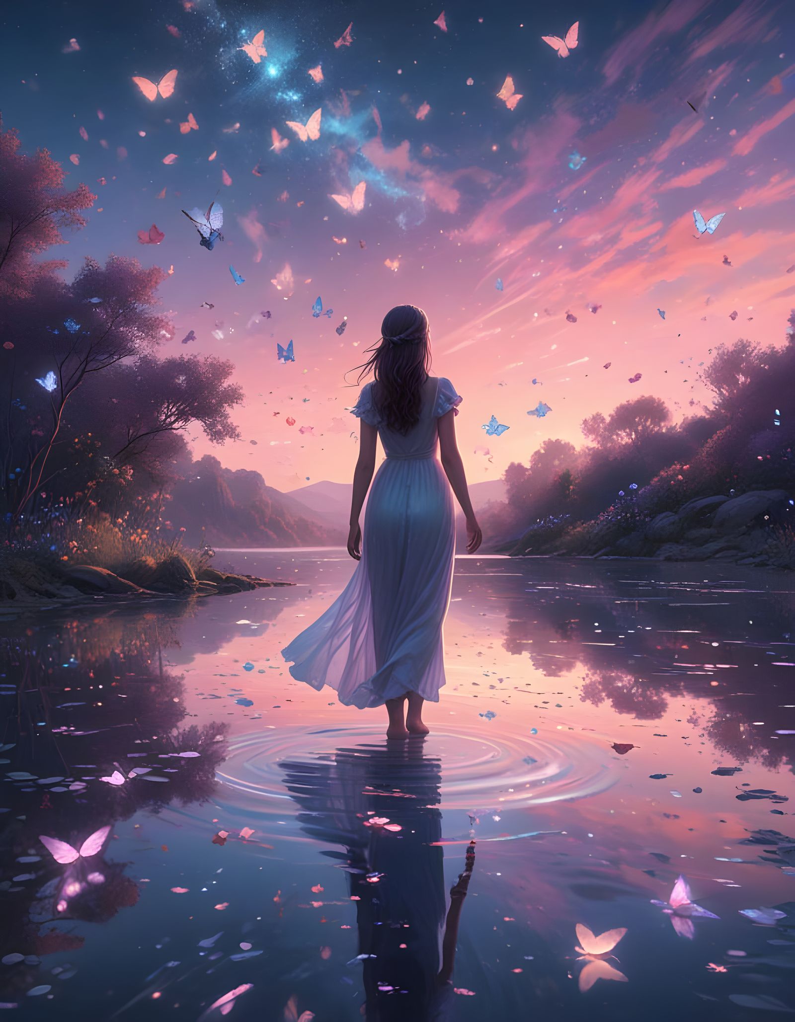Celestial Woman with Butterflies in Pastel Lake