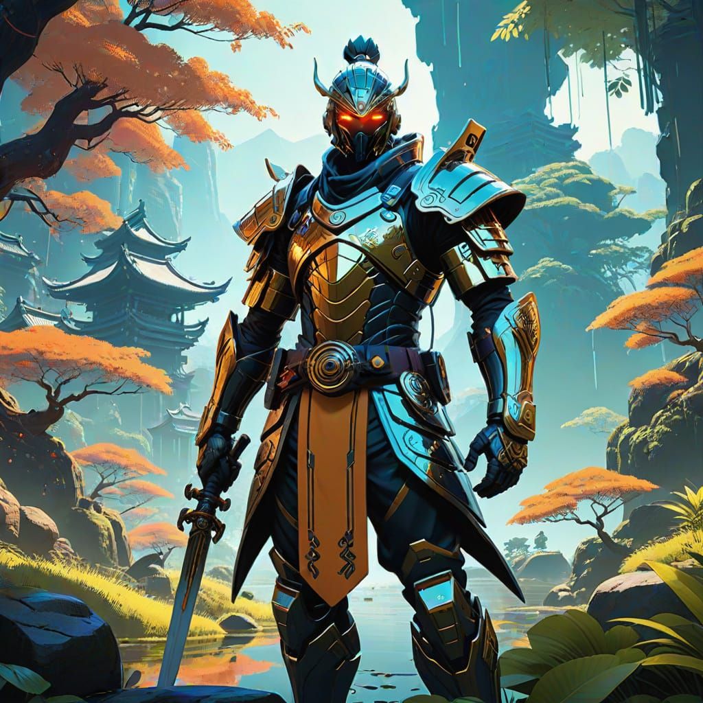 Mystical Warrior in Lush Fantasy Realm