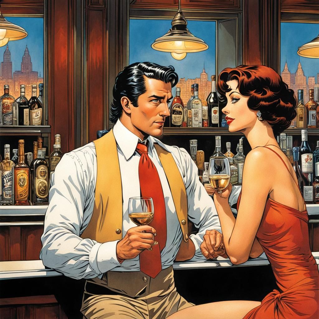 Flirty Comic Book Scene with Bartender