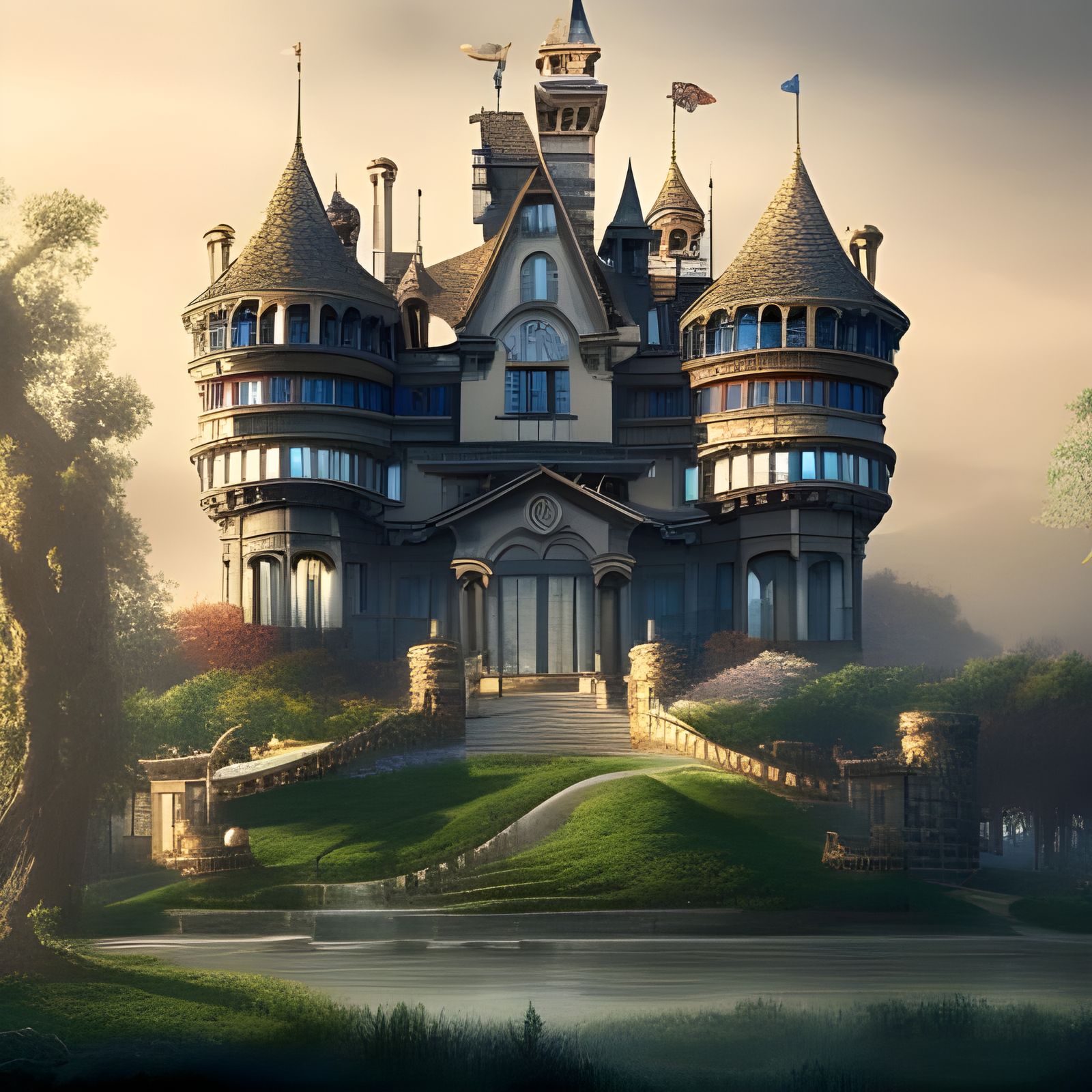 Elegant Castle Surrounded by Suburban Homes