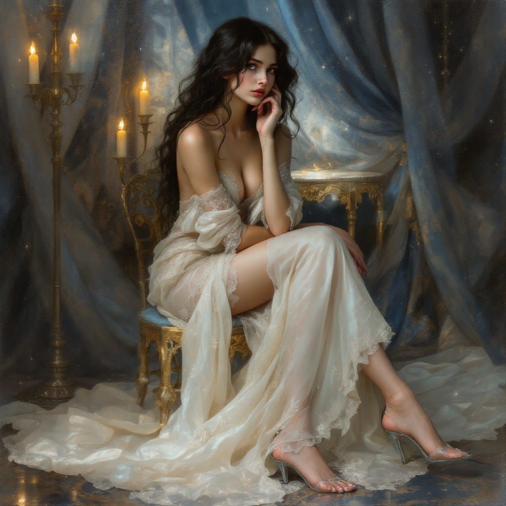 Dreamy Pre-Raphaelite Beauty in Enchanted Nighttime Setting