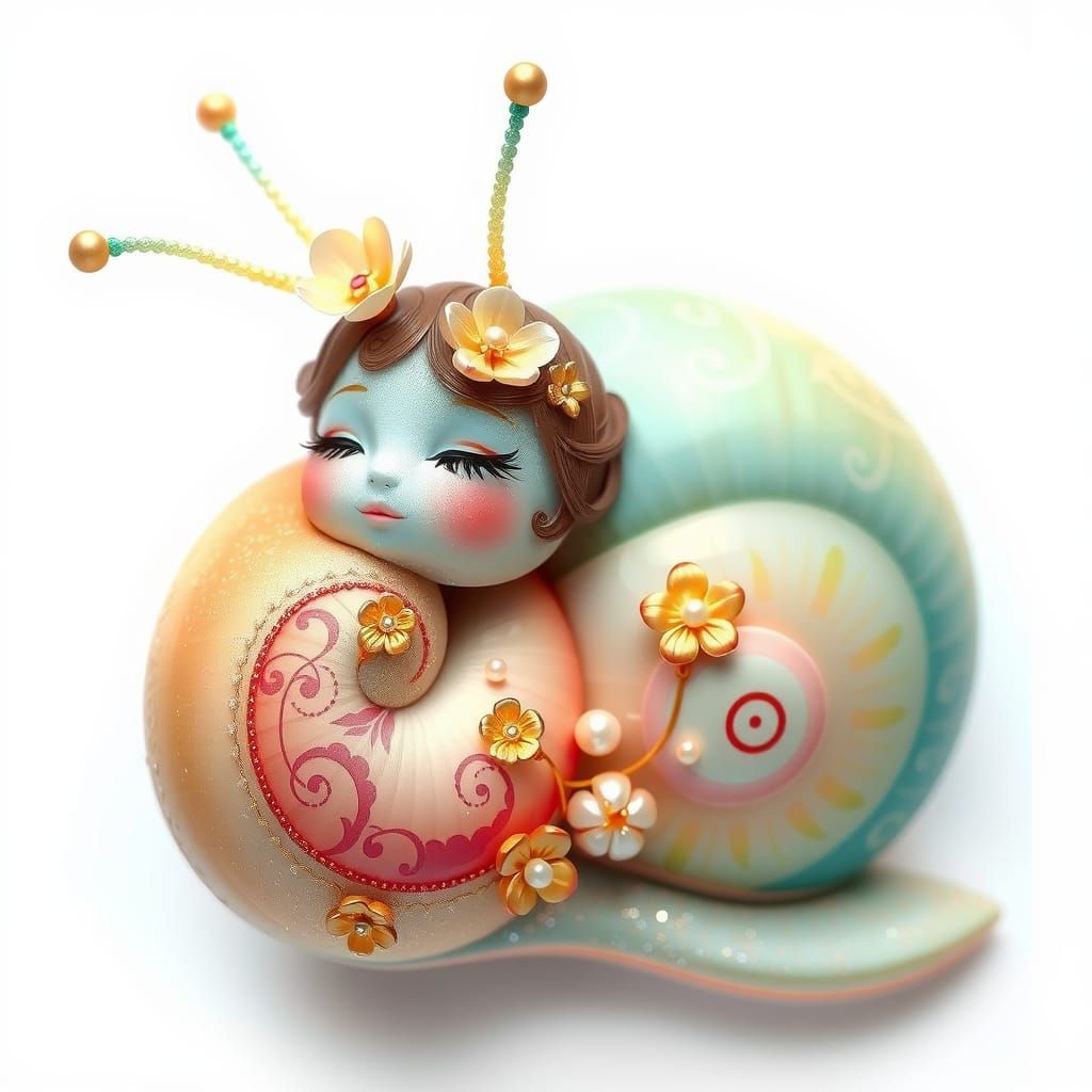 Ethereal Snail with Rainbow Shell and Flowers
