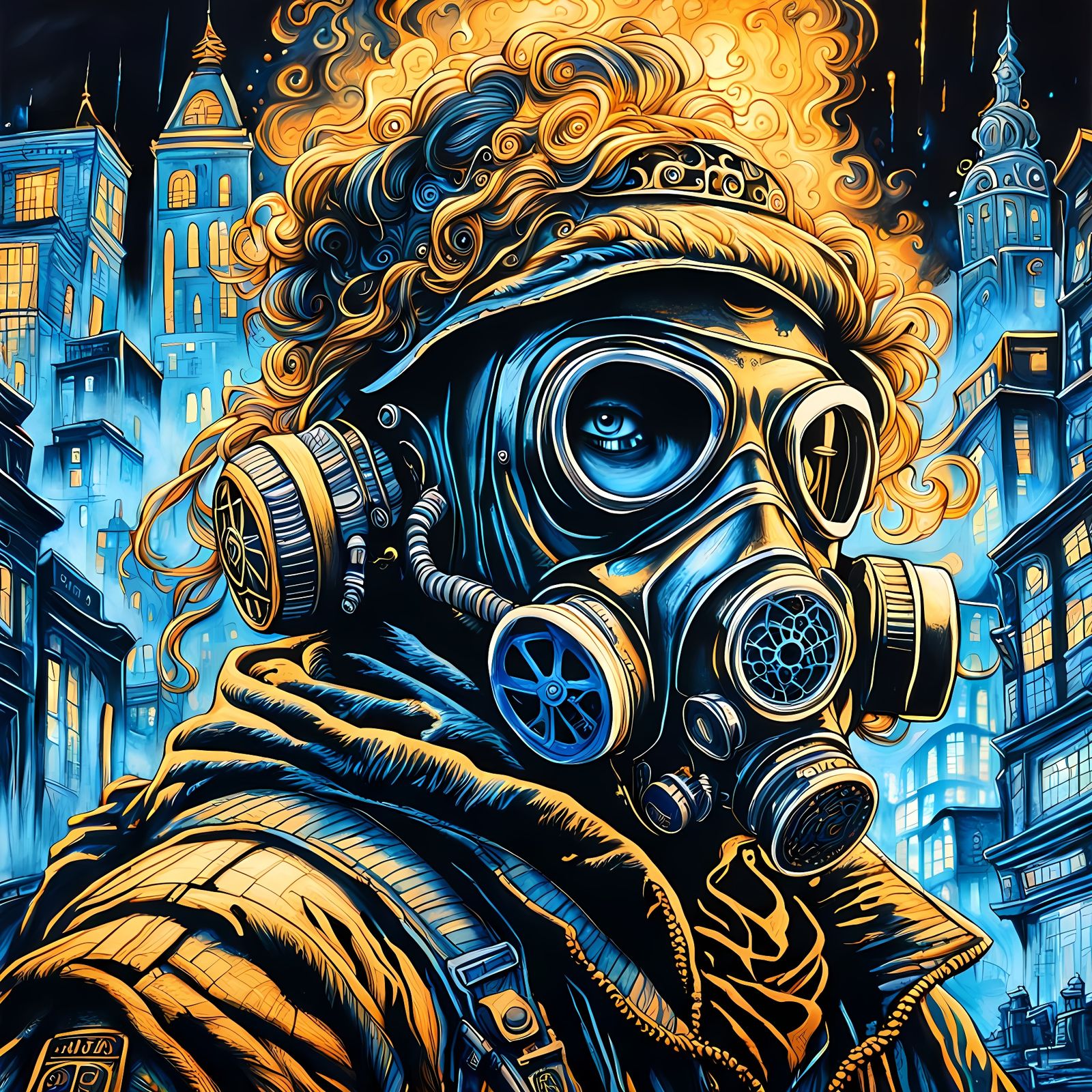 Gas Mask Hero in Fantasypunk Cityscape