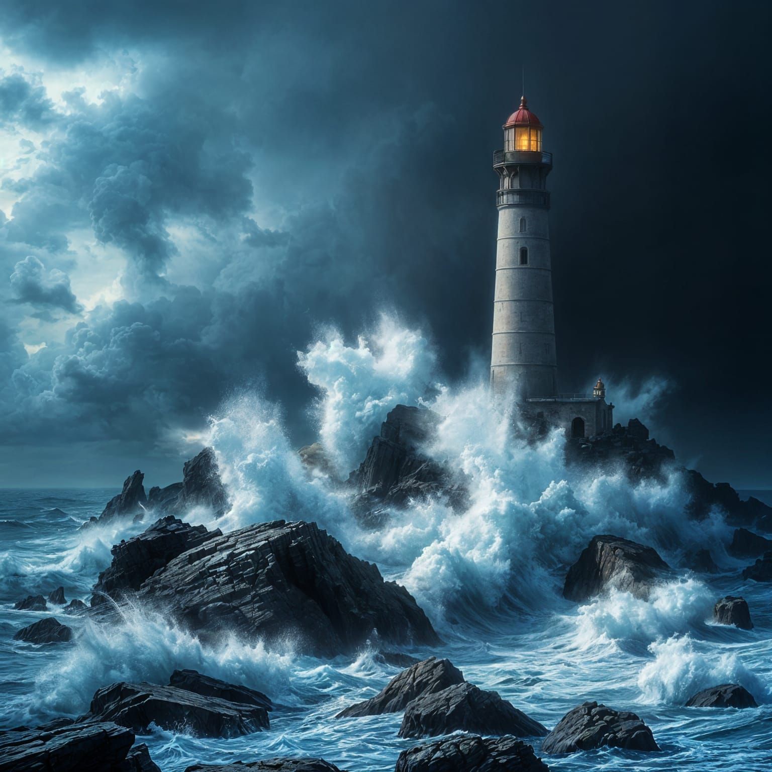 Lighthouse in Stormy Sea, Hyperrealistic Maritime Painting