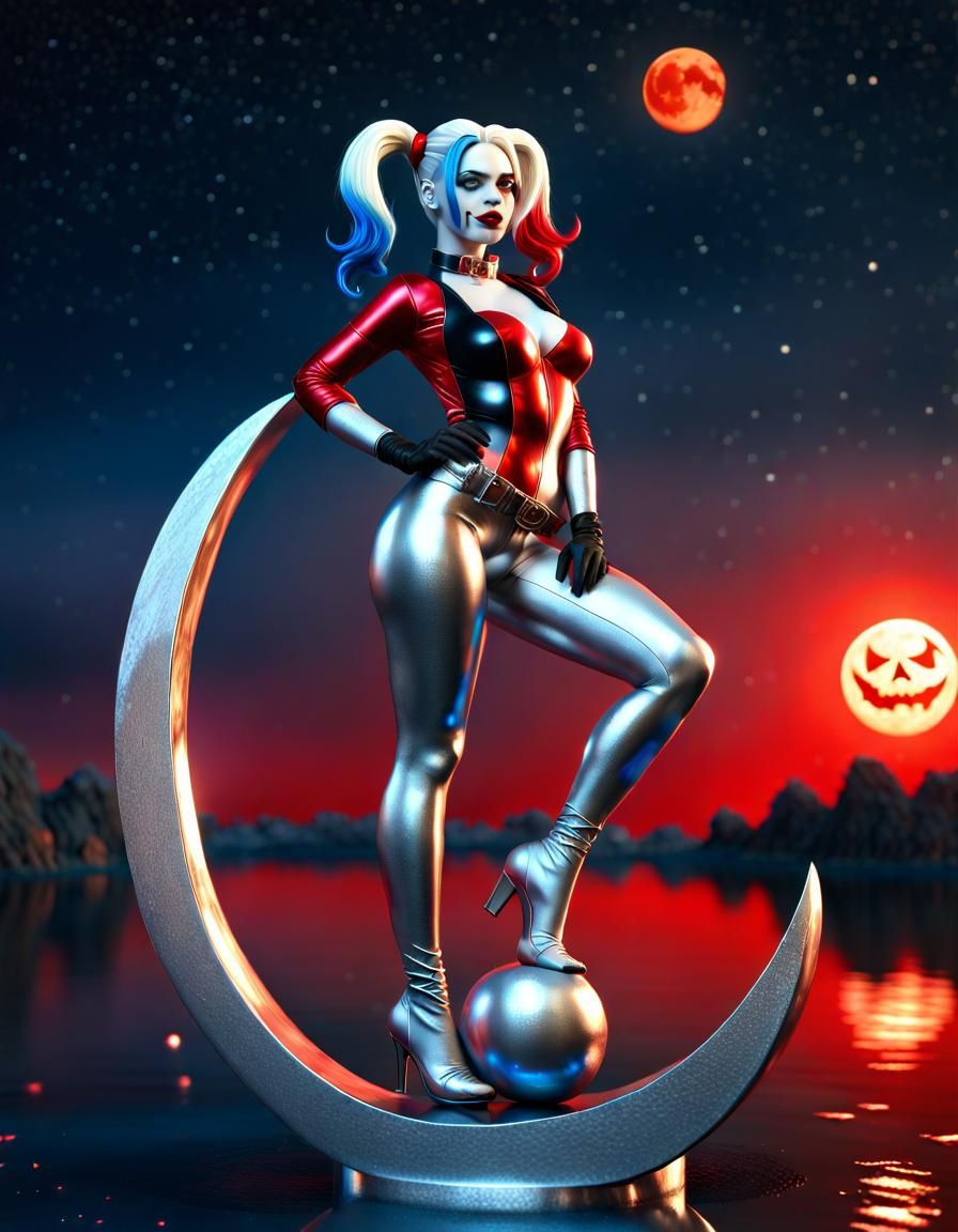 Halloween Harley Quinn Silver Sculpture in Starry Night