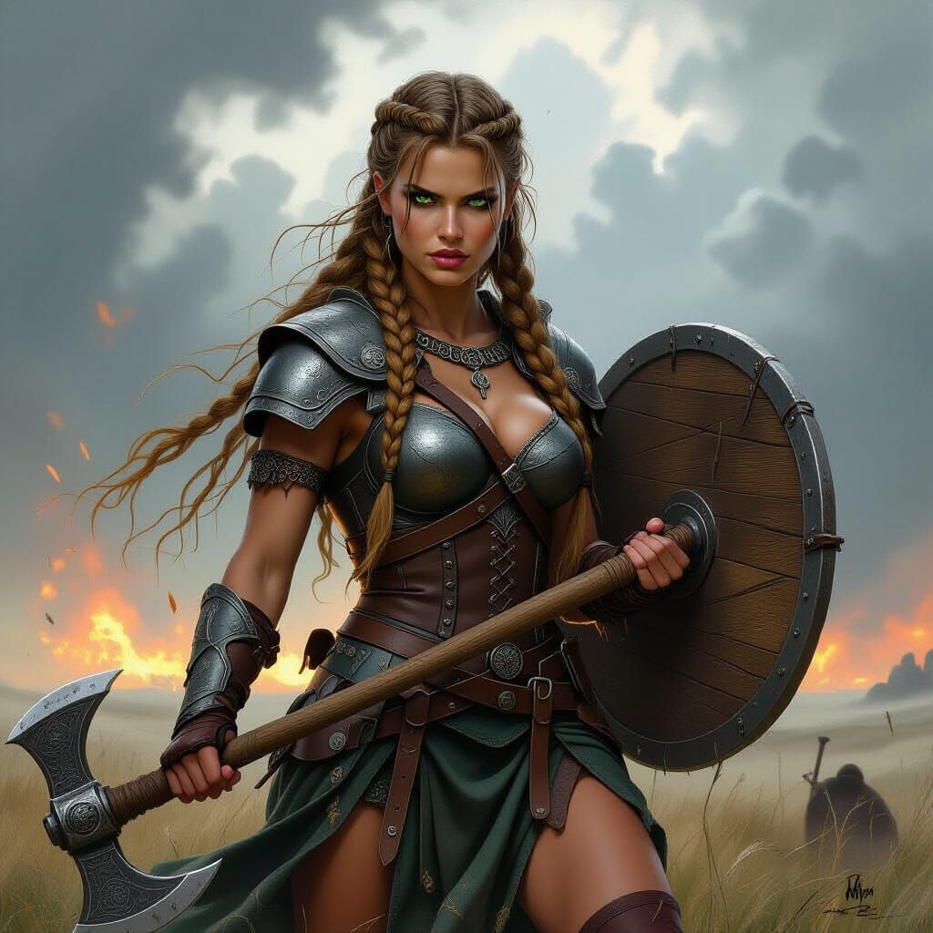 Fierce Norse Shieldmaiden on Windswept Battlefield
