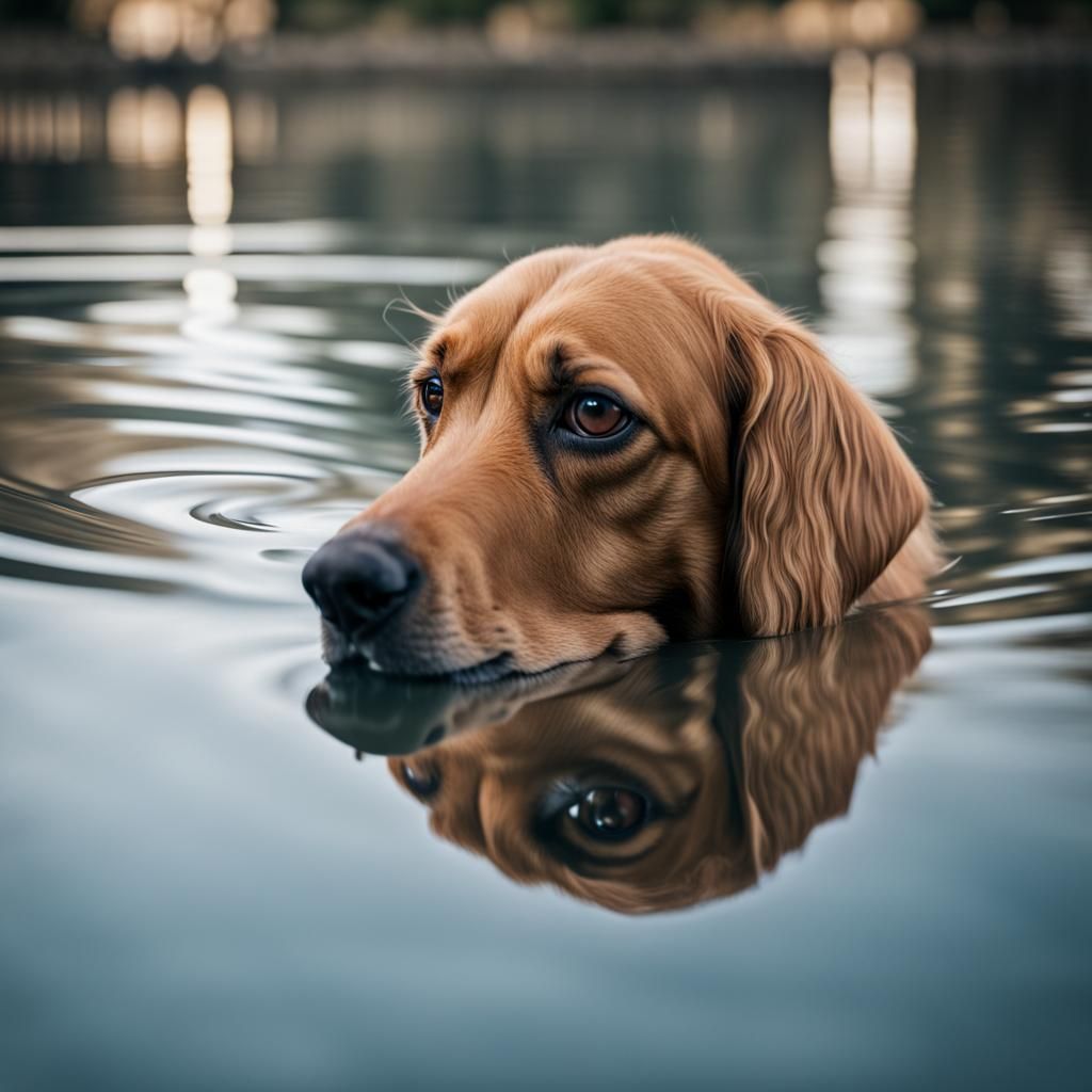 Sad Dog Contemplates Reflection in Pool