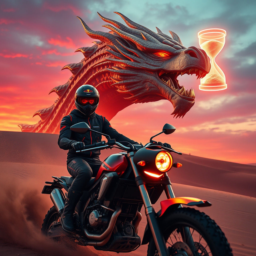 Futuristic Motorcyclist with Dragon in Cyberpunk Twilight