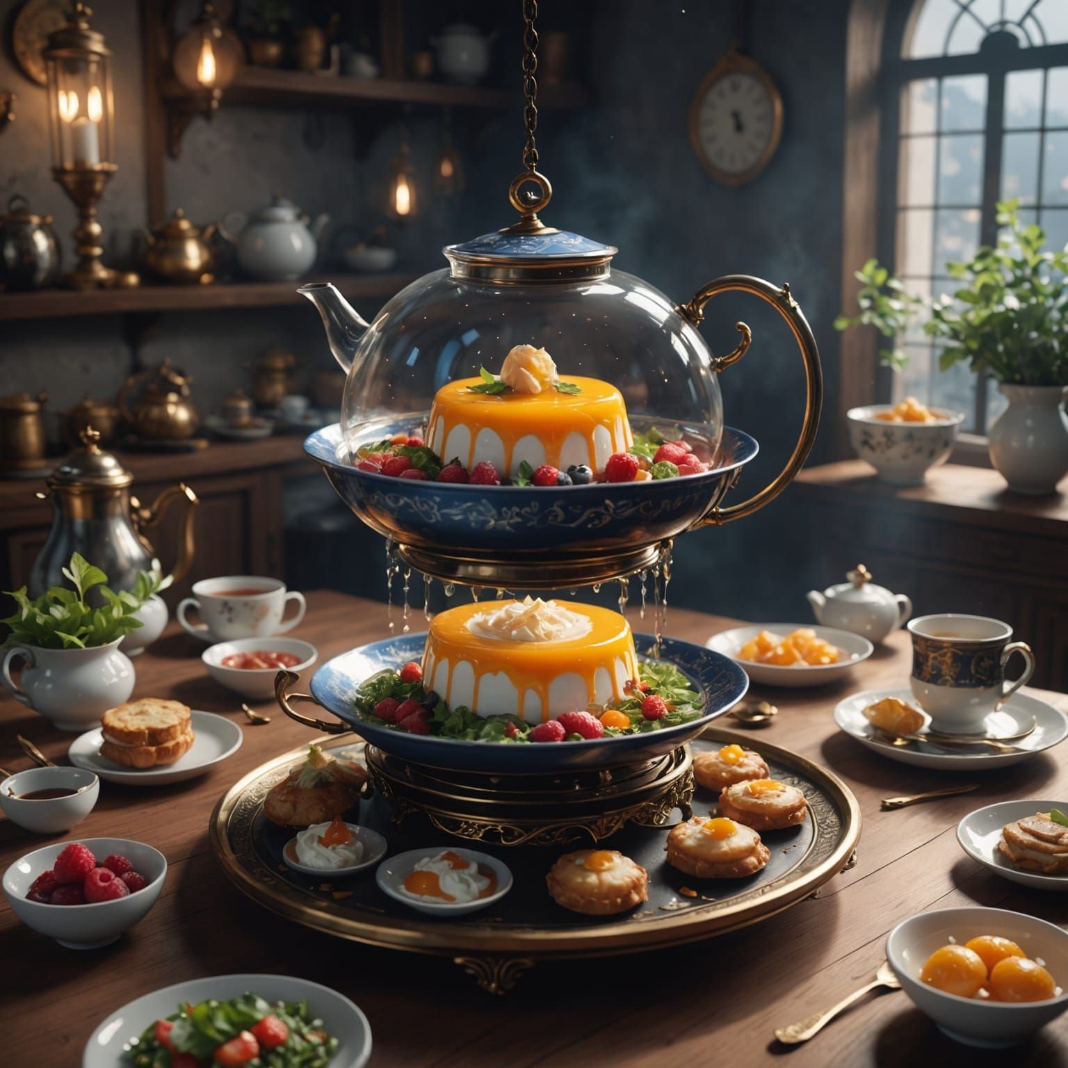 Magical Levitating Feast and Glowing Desserts in Anime Style