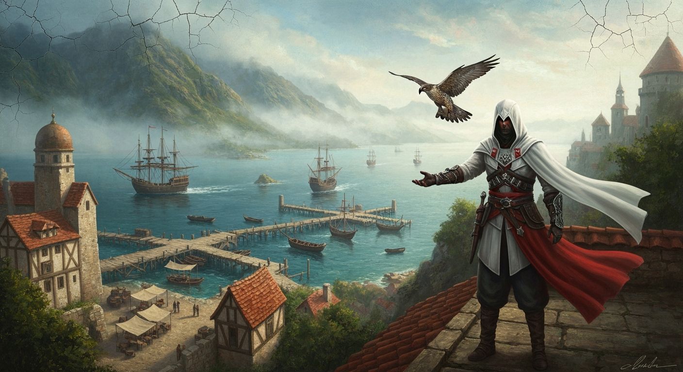 Assassin's Creed Rooftop Scene in Oil Painting Style