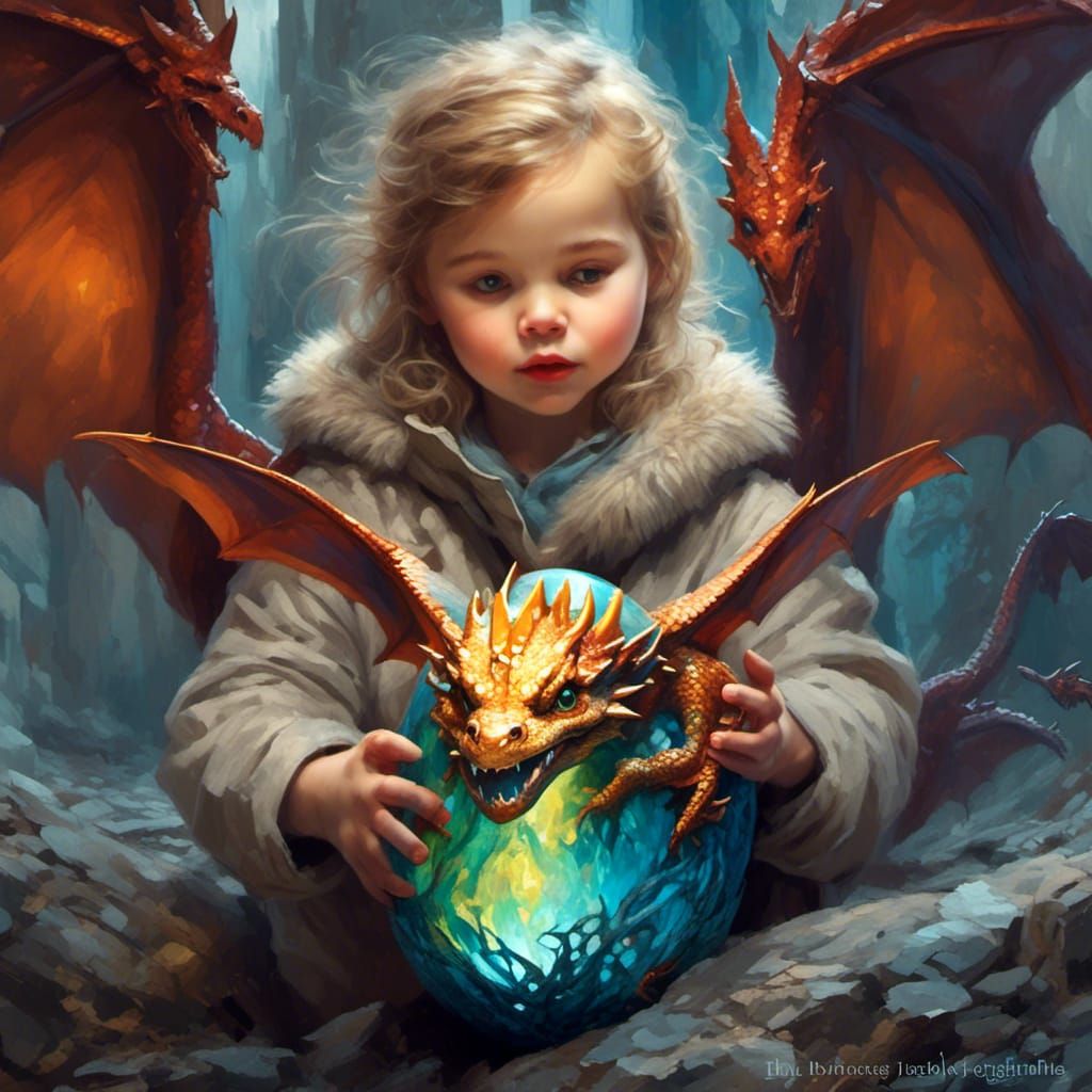 Girl and Hatching Dragon Egg with Baby Dragon
