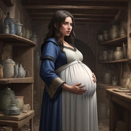 Pregnant Medieval Man in Cellar: Gouache Impressionist Art