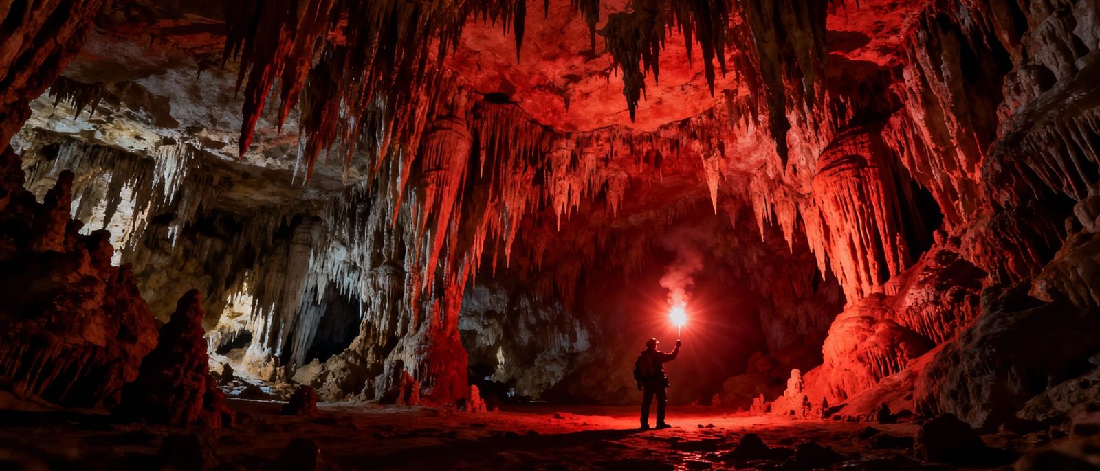 Explorer Ignites Flare in Vast Stalactite Cavern