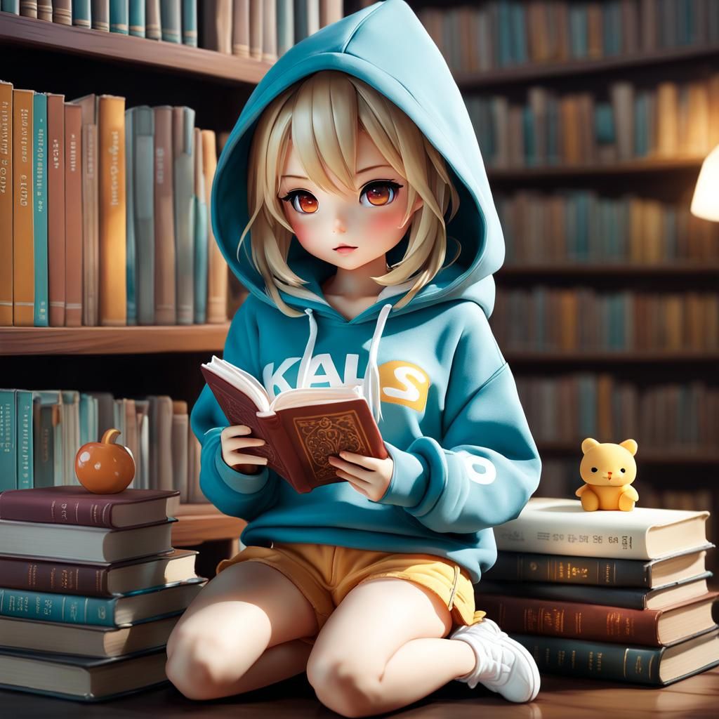 Kawaii Doll Reads in Library, Soft Lighting