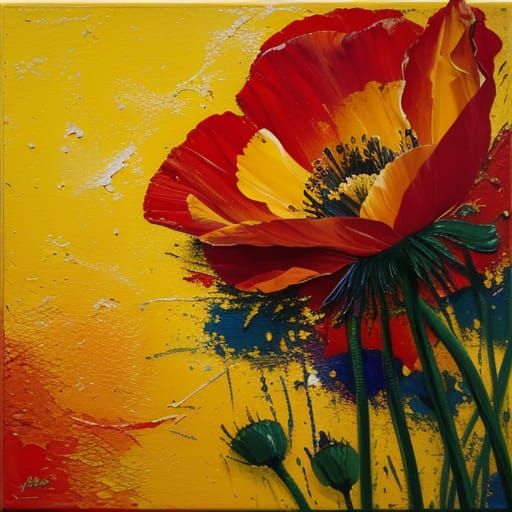 Vibrant Oil Painting of Red Poppy in Yellow Field