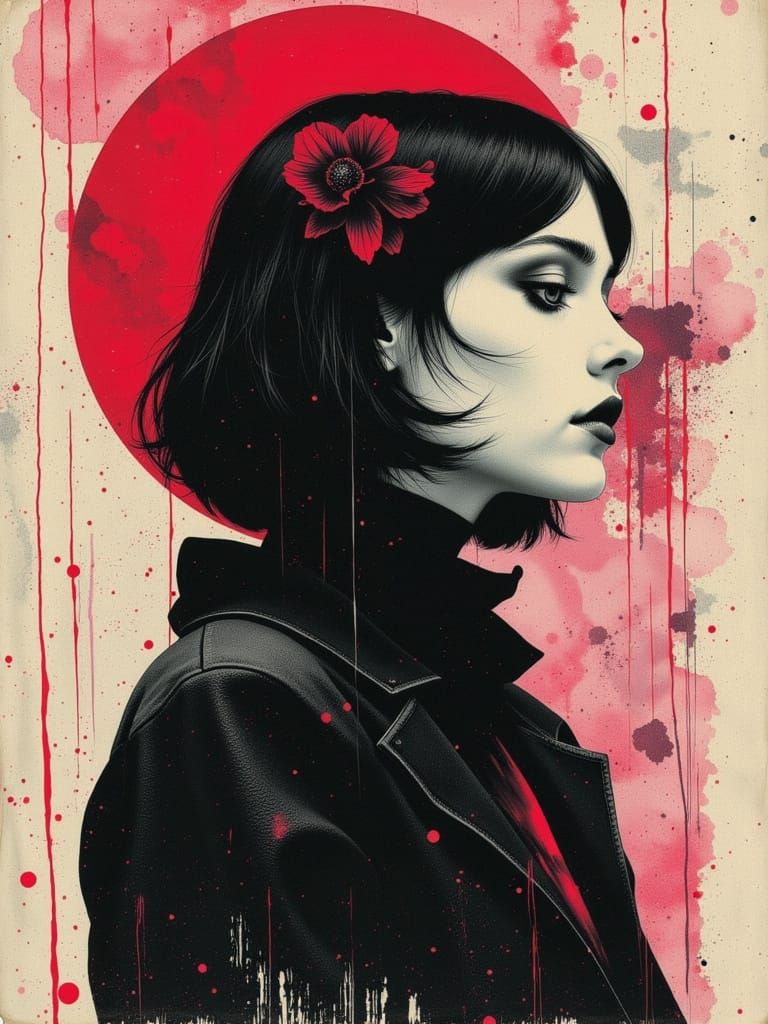 Gothic Grunge Woman in Watercolor and Ink