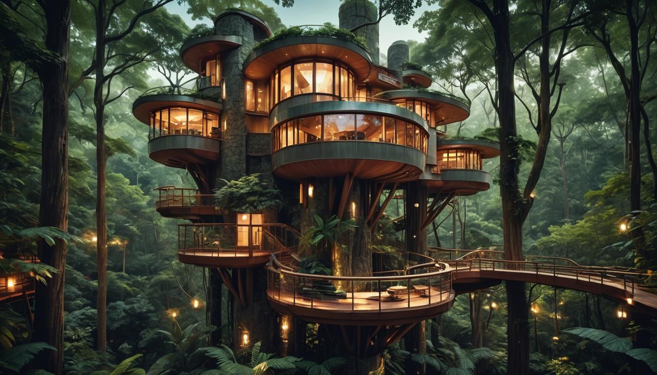 Futuristic Rainforest Treehouse in Organic Architecture Styl...