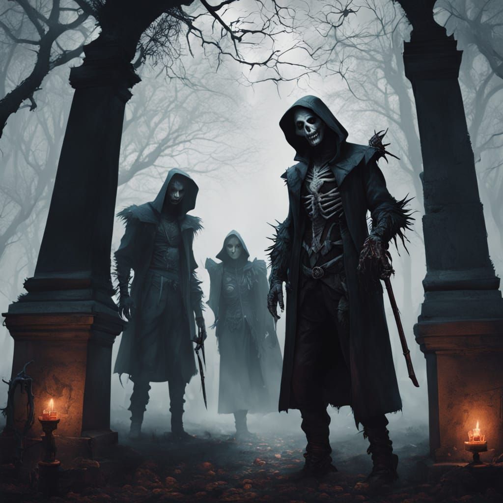 Teens in Horror Costumes in Foggy Cemetery