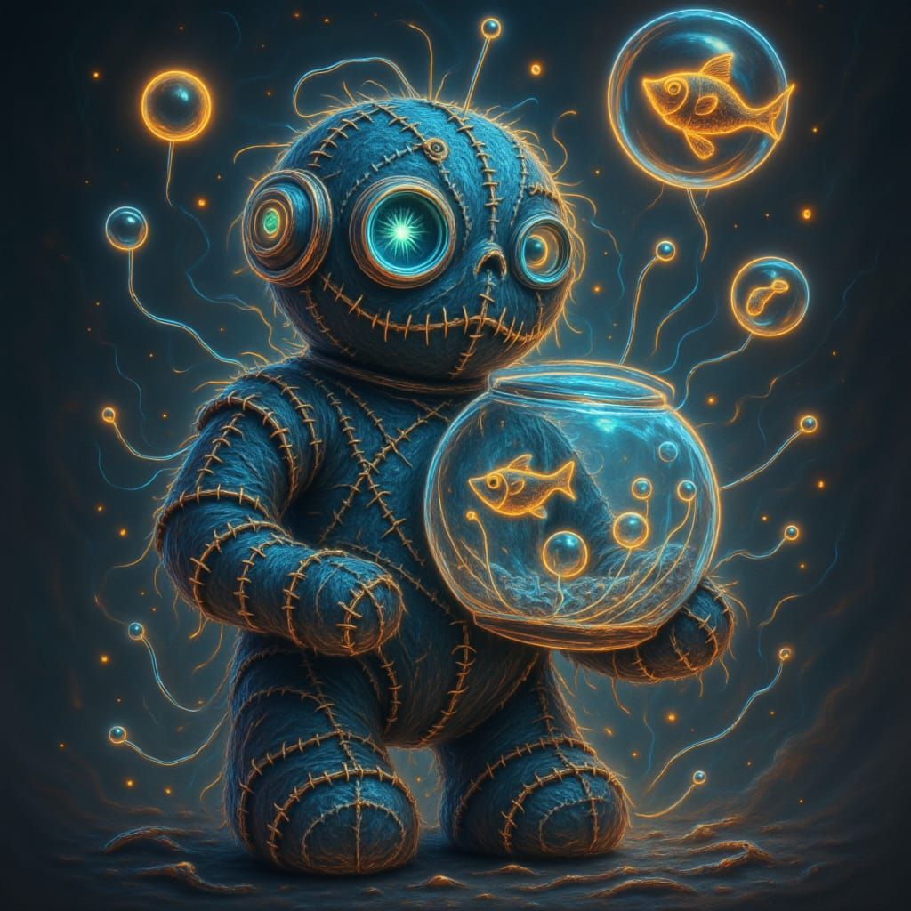 Cute Robot Holding a Fishbowl