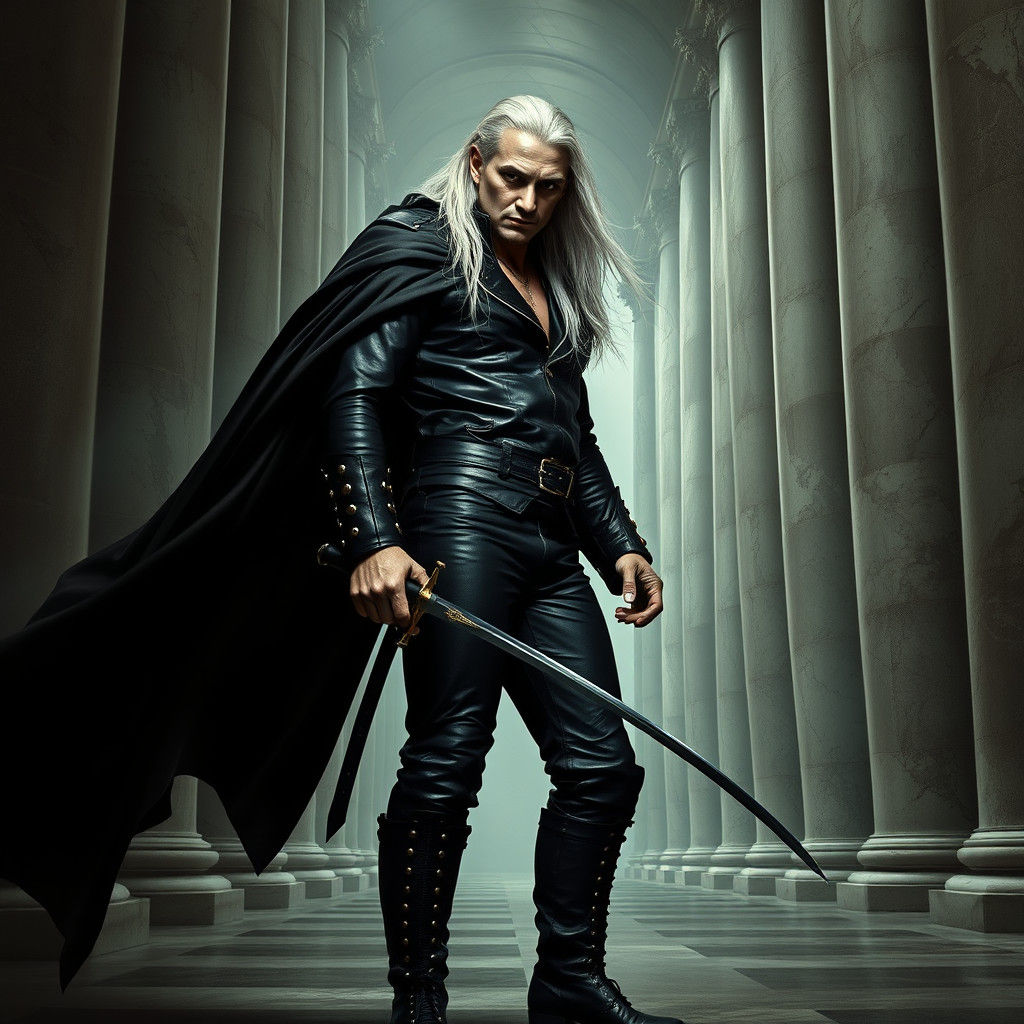 Imposing Figure with Sword in Dark Hall