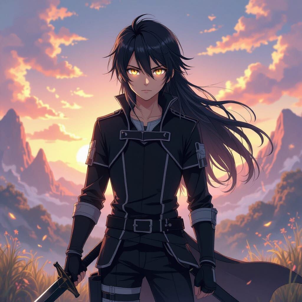 Anime Hero Kirito With Black Sword in Fantasy Landscape