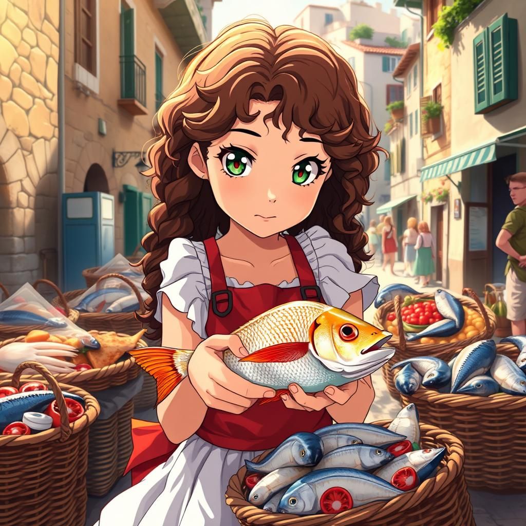 Italian Girl at Fish Market in Anime Style