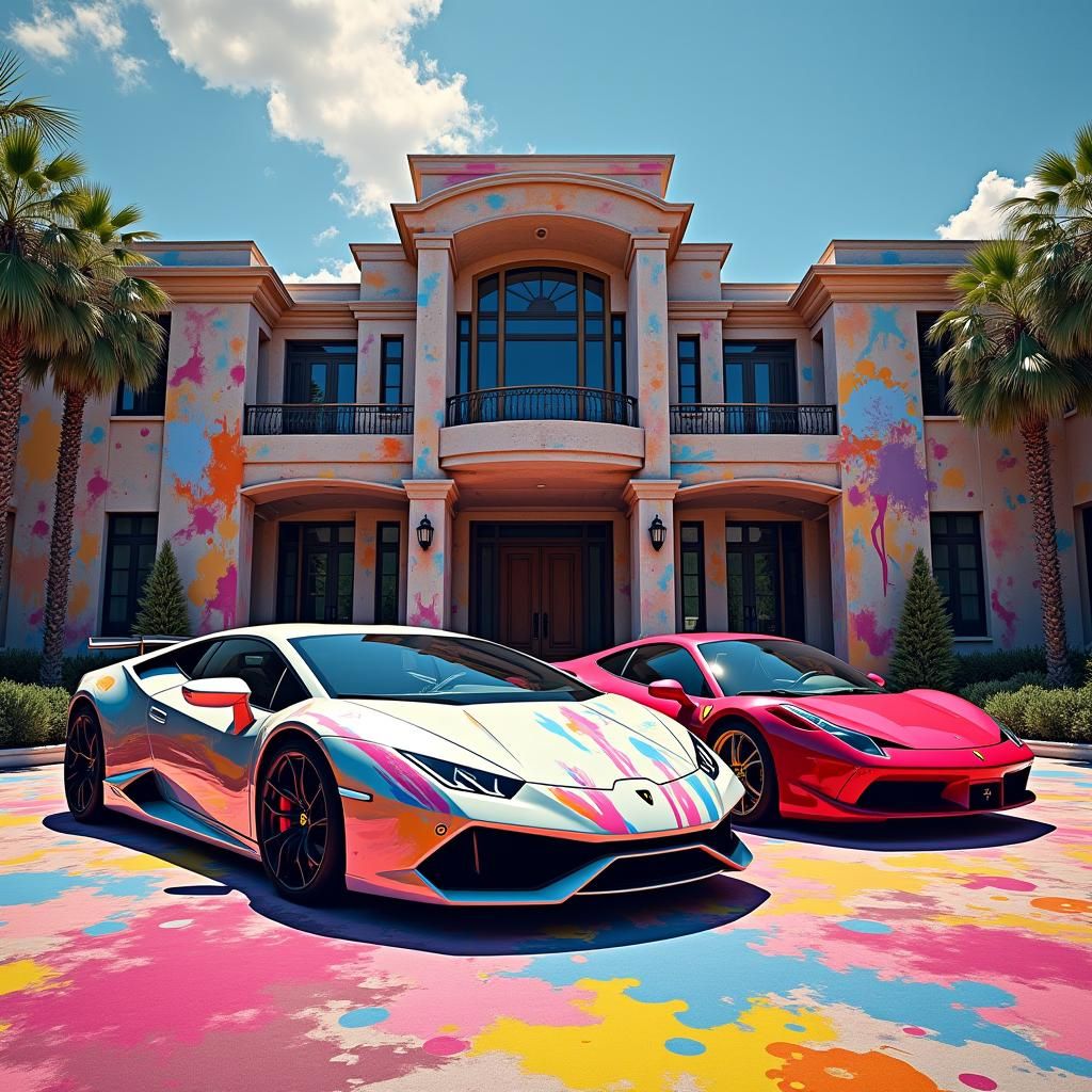 Luxury Cars at Modern Mansion with Graffiti Art