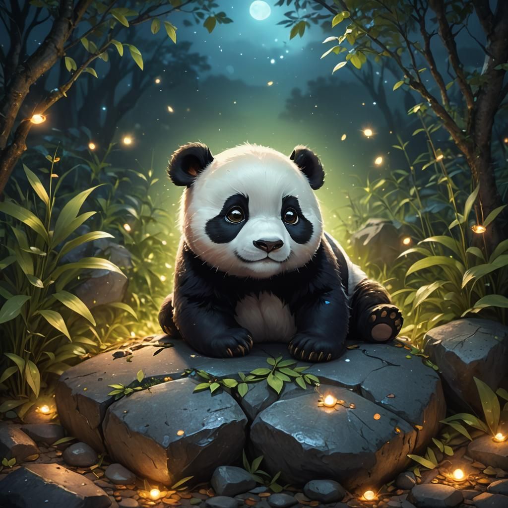 Chibi Panda Under Starry Sky, Digital Art