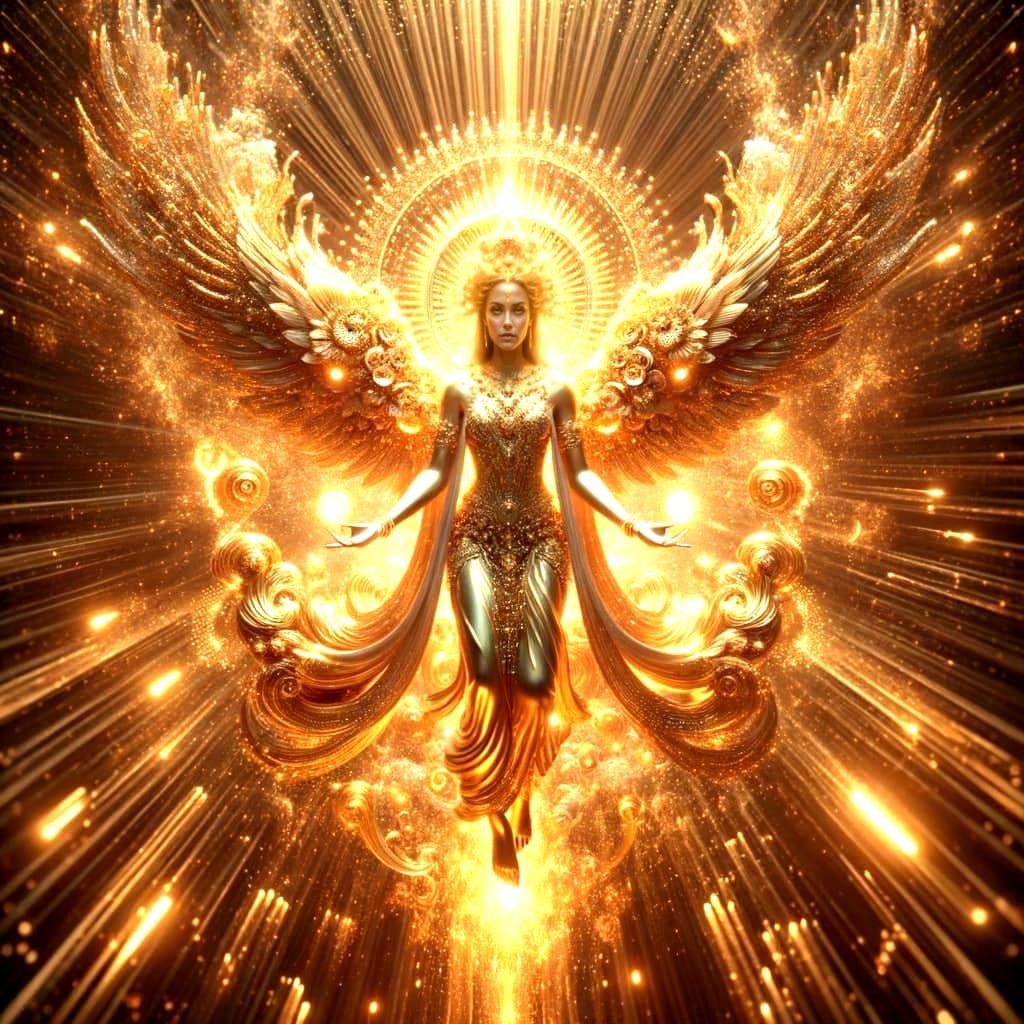 Golden Deity Levitating with Angelic Glow in Cinematic Style
