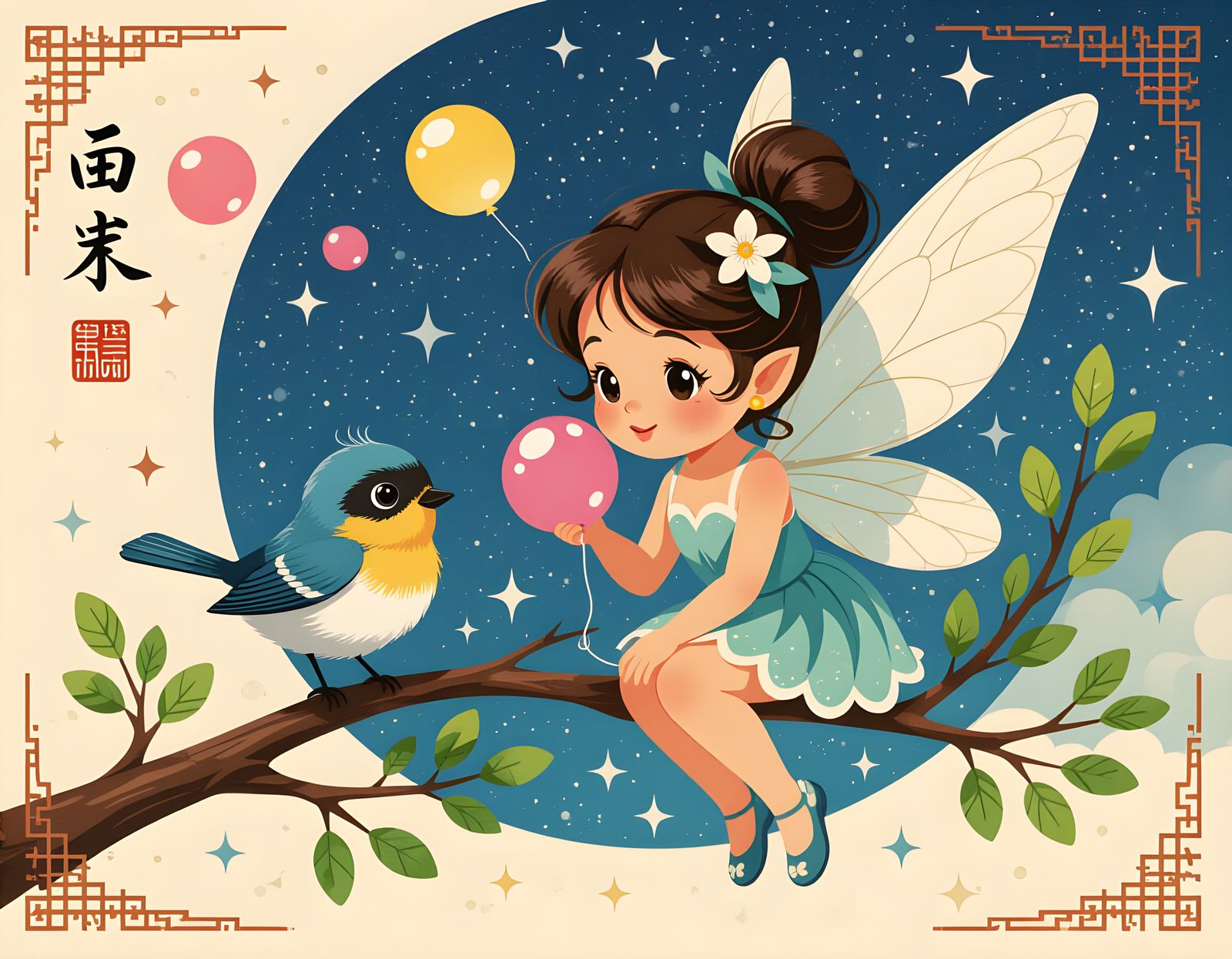 Charming Fairy and Bird Bubble Balloon in Sumi-e Style