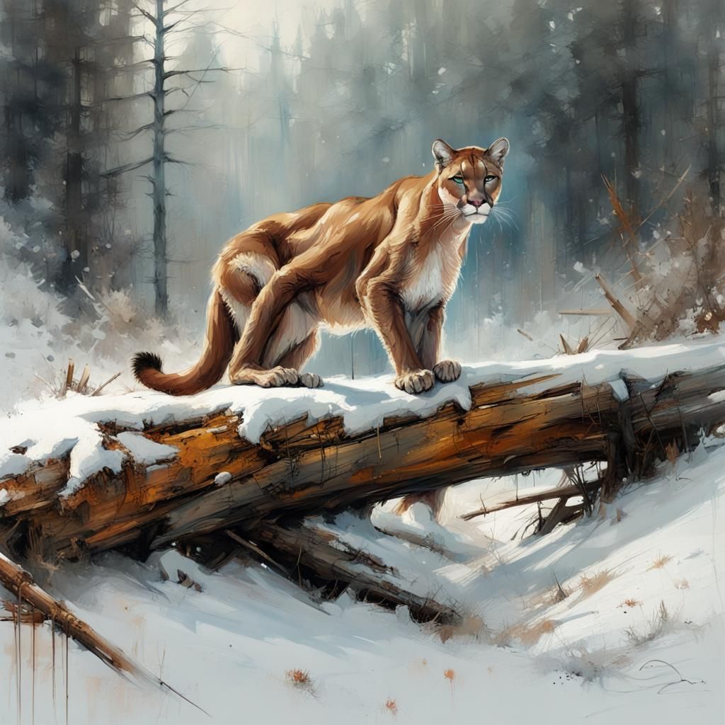 Cougar on Snowy Log in Textured Speedpaint Style