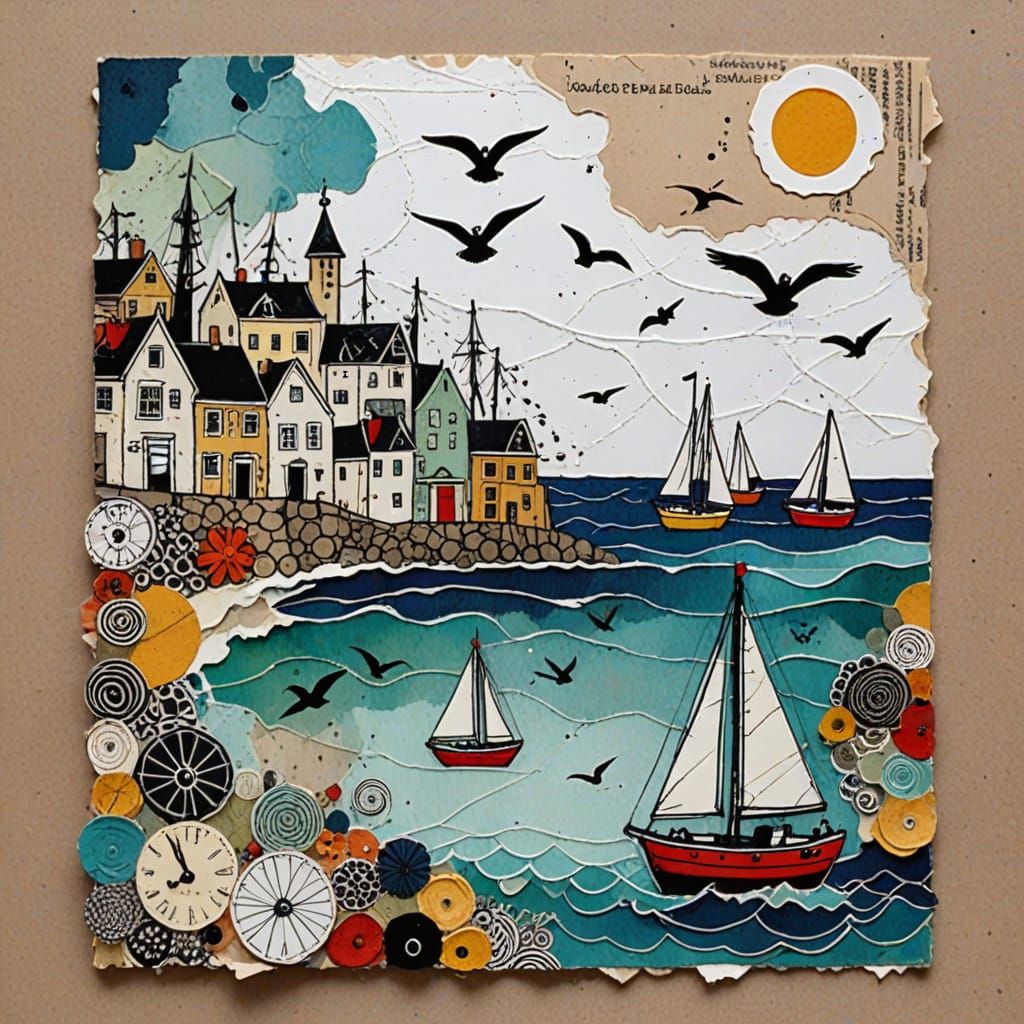 Whimsical Harbour Scene in Distressed Collage Style
