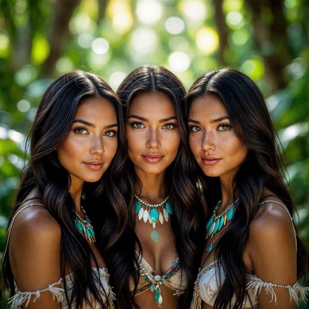 Indigenous Women with Vibrant Turquoise Eyes in Tropical Jun...