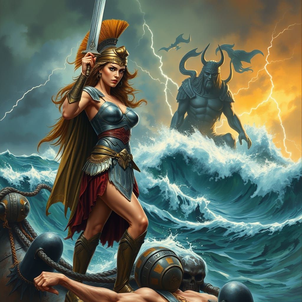 Warrior Woman in Stormy Seas, Frazetta Style