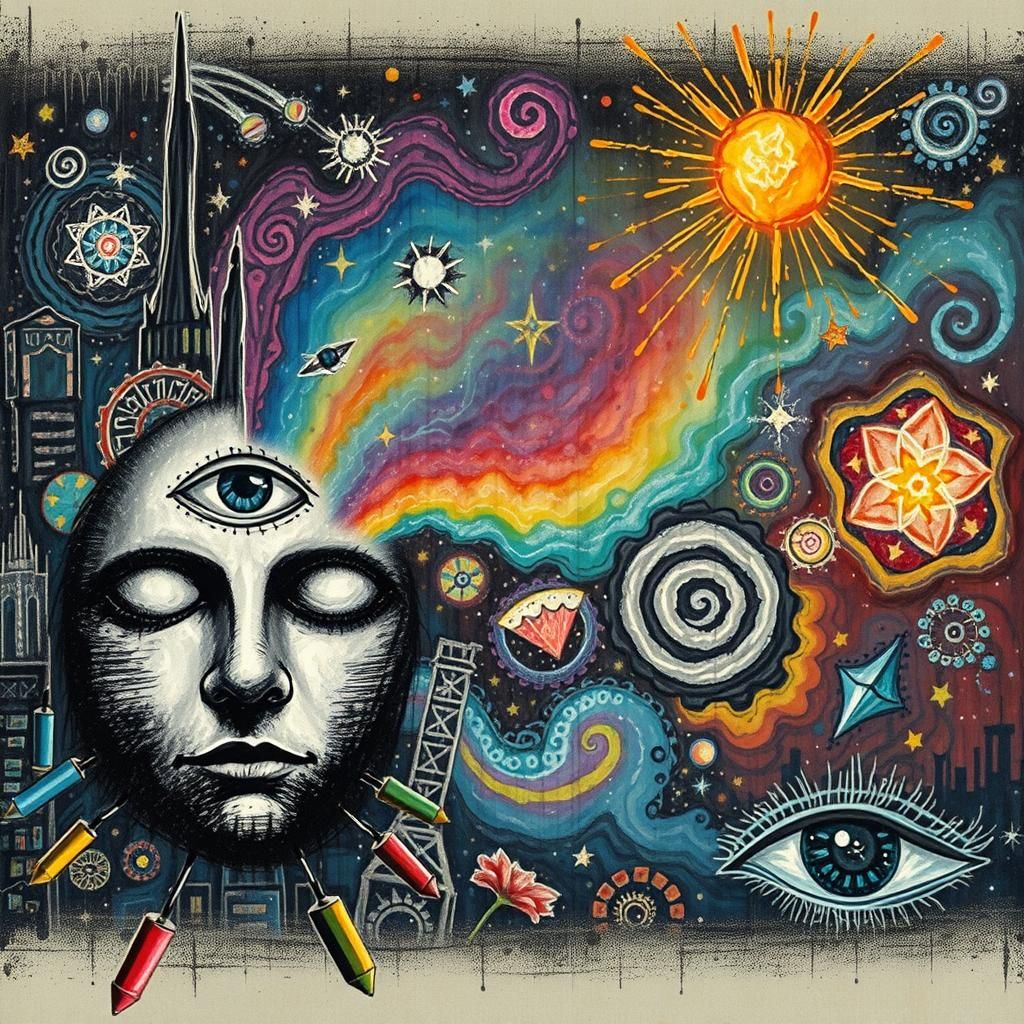 Whimsical Cosmic City: A Childlike Crayon Dream